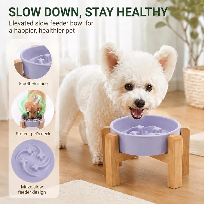 Elevated Ceramic Slow Feeder Dog Bowls Anti-Choking Slow Feeding for Small&Medium Size Anti-Slip Non-Lead & Toxic Durable Easy to Clean Maze Slow Feeder Bowl（8.26in Light Purple Stars Pattern） - Image 2