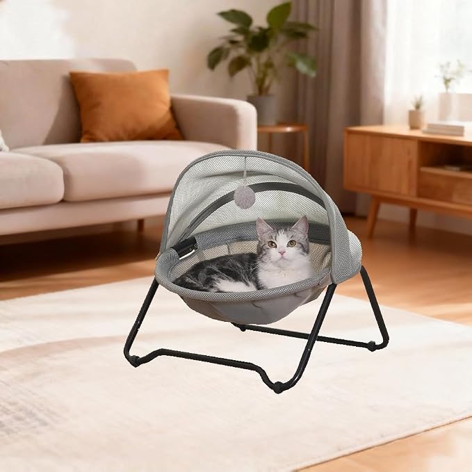 Cat Hammock Bed Elevated cat Bed, Comfortable and Breathable Pet Bed with Awning and Plush Toy, No-Tools Assemble, Cover Removable and Washable, Suitable for Indoor and Outdoor Use - Image 6