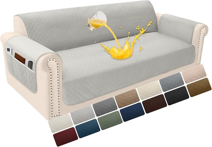 Velvet 100% Waterproof Loveseat Covers Washable Love Seat Couch Covers for 2 Cushion Couch Sofa Pet Friendly Sofa Slipcovers Dogs Furniture Protector with Pockets (Medium-XL, Light Grey) by YUEVELLASofaCover