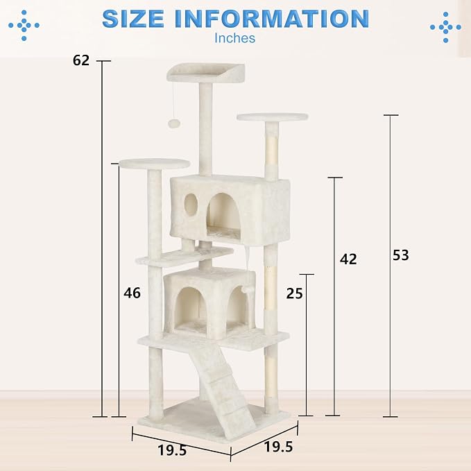 FDW | 62" Cat Tree Tower | Beige | Multi-Level Indoor Activity Center with Sisal Scratching Posts, Condos, Plush Perches, Hanging Cat Toys | Sturdy, Easy to Assemble | for Kittens & Adult Cats - Image 7