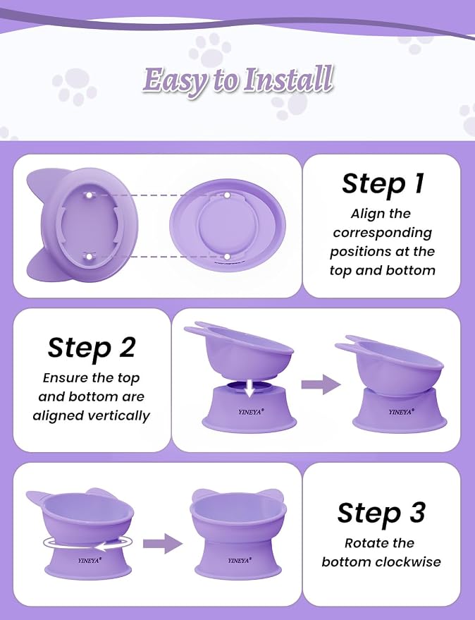 YINEYA Elevated Cat Bowls 2 Pcs, Cat Food Bowl to Protect Neck & Anti-Vomit, Whisker-Friendly Raised Food and Water Bowls Set for Indoor Cats/Small Dogs, Cute Pet Feeding Bowl 6 OZ Each, Purple&Cyan - Image 6