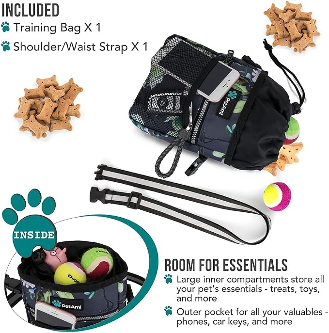 PetAmi Dog Treat Pouch, Pet Treat Pouch for Training, Dog Walking Bag Holder for Kibbles, Pet Food Toy, Dog Trainer Essentials Supplies, Poop Bag Dispenser, 3 Ways to Wear (Floral Grey) - Image 2