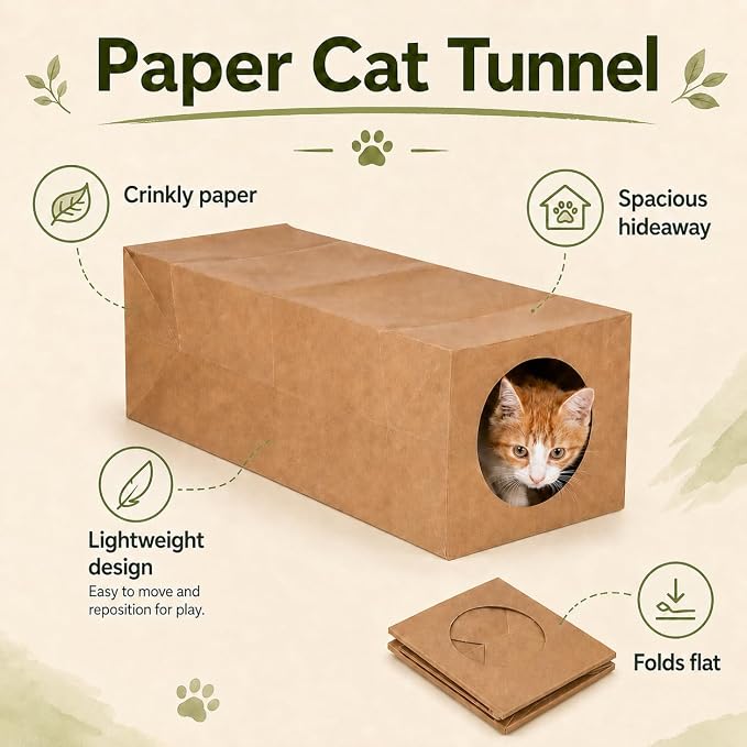 JO! Collapsible Paper Cat Tunnel, Crinkle Hideaway Toy for Indoor Cats | 100% paper, 24.4 x 10.6 x 8.7 in, Brown, Roomy for adult cats, For hiding, pouncing and hide-and-seek play - Image 2