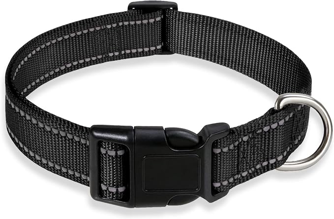 Reflective Dog Collar, Puppy Collar with Buckle Adjustable, Black XXS | Breathable Nylon Collars for Small Medium Large Dogs, No Chafing on Walks and Outdoor Hikes, Metal D-Ring, Night Safety by BOOMIBOO