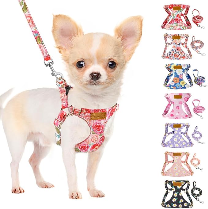 SlowTon No Pull Dog Harness with Leash for Small Medium Dogs, Rose, S | Floral Pattern, Step-in, Lightweight, Easy Put On and Off, No Choke, Soft Cotton and Suede for Daily Walking by SlowTon