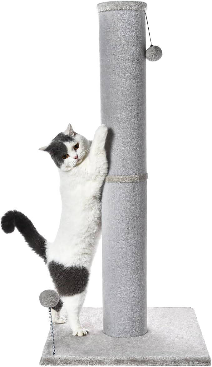 Cat Craft 41" Tall Cat Scratching Post for Large Cats, Light Grey | Short Plush Fabric, Stable Wide Base, Replaceable Hanging Ball, Full Stretch Design by CatCraft