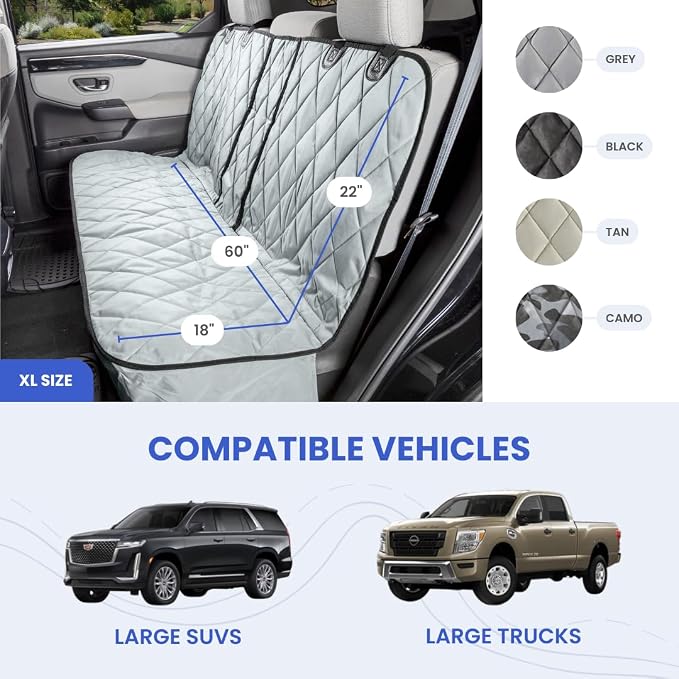 4Knines Dog Rear Seat Cover for Fold Down Seats - Fitted, Grey XL | Heavy-duty split design fits 60/40 and 50/50 fold-down seats. No Hammock. K9-Shield waterproof layer. Non-slip backing. - Image 2