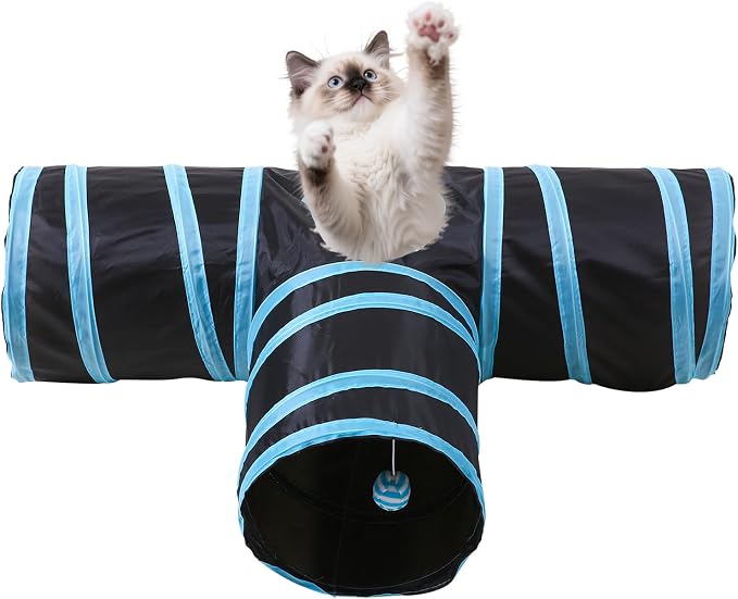 Pet Cat Tunnel, T-3 Way Tunnels for Indoor Cats, Collapsible Pet Tunnel for Kitten, Puppy, Rabbit, 25cm-Wide Tunnels, Durable & Breathable, with Peek Hole Toy Ball by Tamiplay