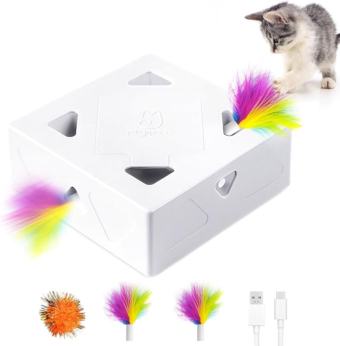 Migipaws Interactive Cat Toy -Migibox Without Popskin, Puzzle Toy for Indoor Bored Cats, Automatic Pop Out Feathers from 7 Holes Randomly, Motion Activated, USB Rechargeable by MigipawsCreateMoreEnjoymenttoPetsandFamily