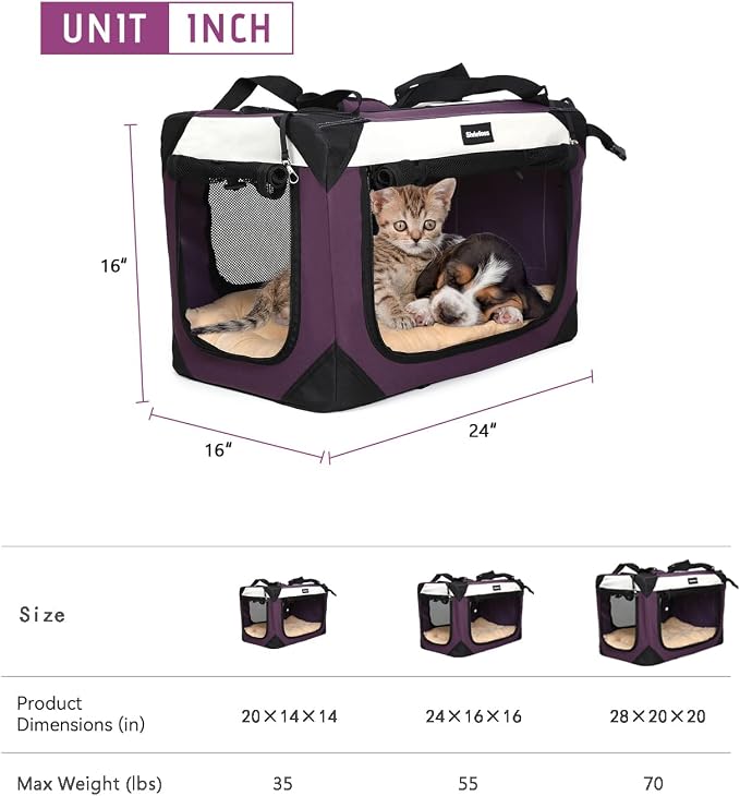 Large Cat Carrier, Collapsible Dog Travel Crate Portable Soft-Sided Pet Carrier with Super Soft Warm Plush Mat for Indoor and Outdoor 24x16x16in,Purple - Image 4