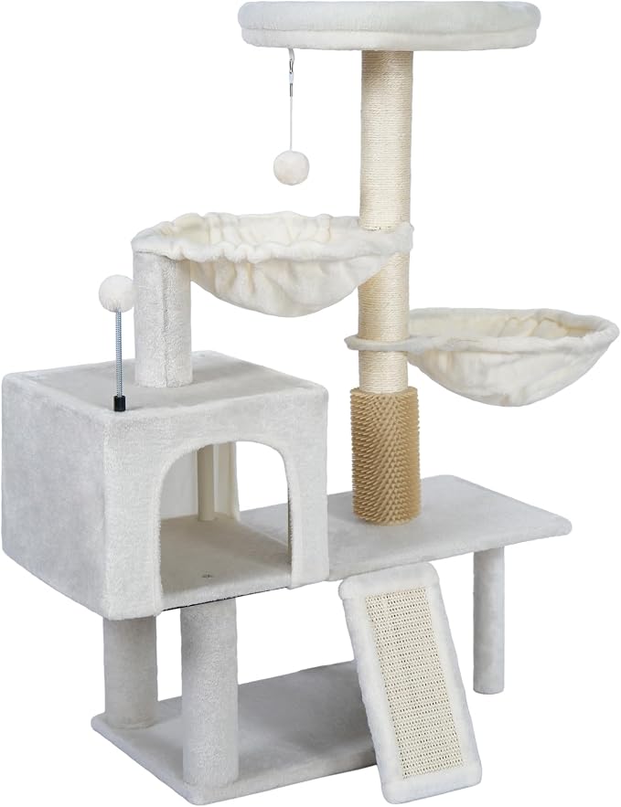 Smouatou Cat Tree with Cat Condo and Two Hammocks, Cat Tower with Scratching Posts and Scratching Pads Cat Toys, Beige - Image 2