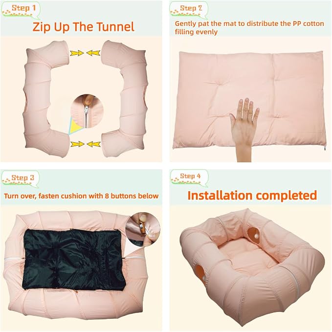 XxingSheep 4 Ways Shuttled XL Cat Tunnel Bed for Indoor Cats Peekaboo Cat Cave Donut with Cool Mat (Pink) - Image 5