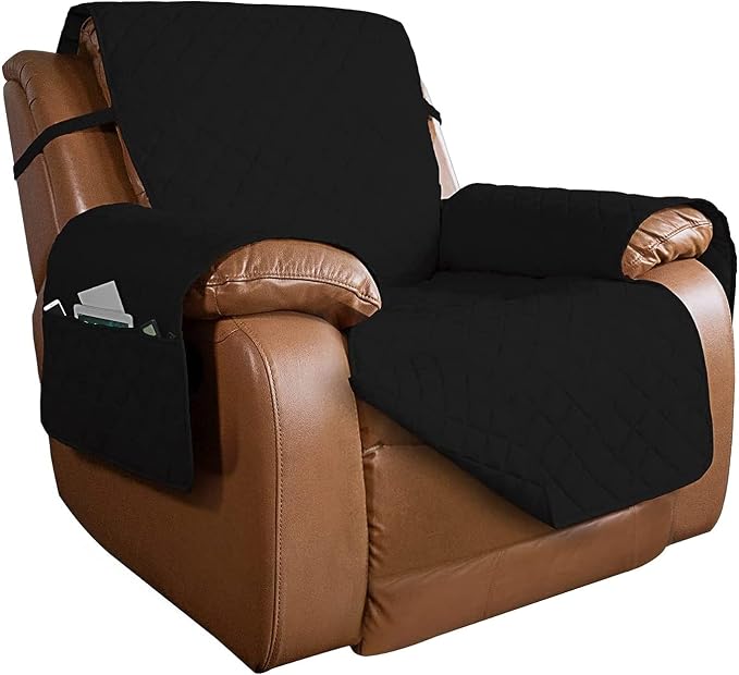 PureFit Reversible Quilted Oversized Recliner Sofa Cover, Water Resistant Furniture Protector, Washable Couch Cover with Elastic Straps for Kids, Pets (Large, Black/Black) | Black/Black, Water Resistant Couch Protector, Washable Pet Couch Cover with No... by PureFit