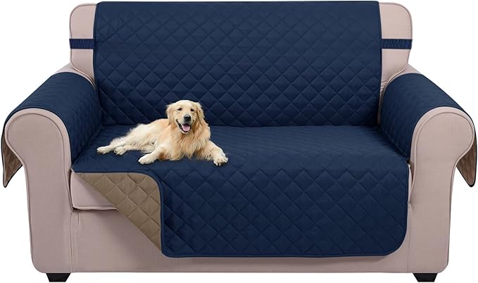 U-NICE HOME Loveseat Sofa Cover for 2 Cushion Couch, Navy/Taupe | 54''Oversized Loveseat Cover Washable, Pet Friendly, Elastic Straps, Water Repellent, Furniture Protector for 2 Cushion by U-NICEHOME