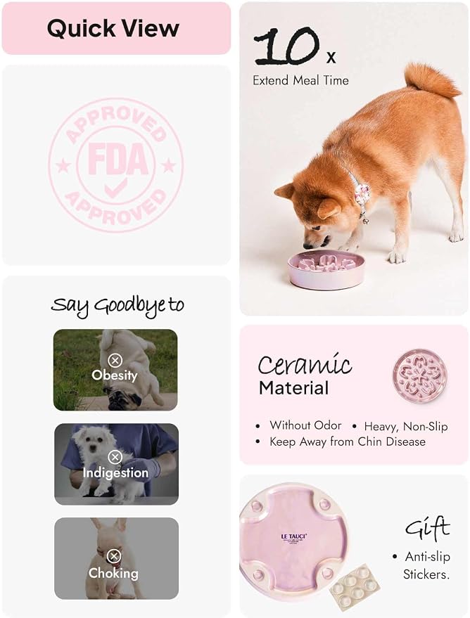 LE TAUCI Ceramic Slow Feeder Dog Bowls Small Breed, 0.6 Cups Dog Food Dish for Fast Eaters, Puzzle Bowl for Small Dogs and Cats,Sakura Pink - Image 8