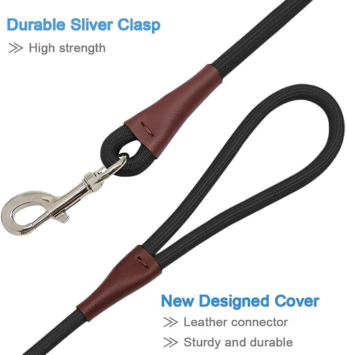 MayPaw 4/6 /8/10 FT Dog Leash, Classic Solid Colors, Strong Nylon Rope Dog Leash Reinforced with Leather Tailor Connection Heavy Duty Silver Clasp (Black, 4ft*1/2") - Image 3