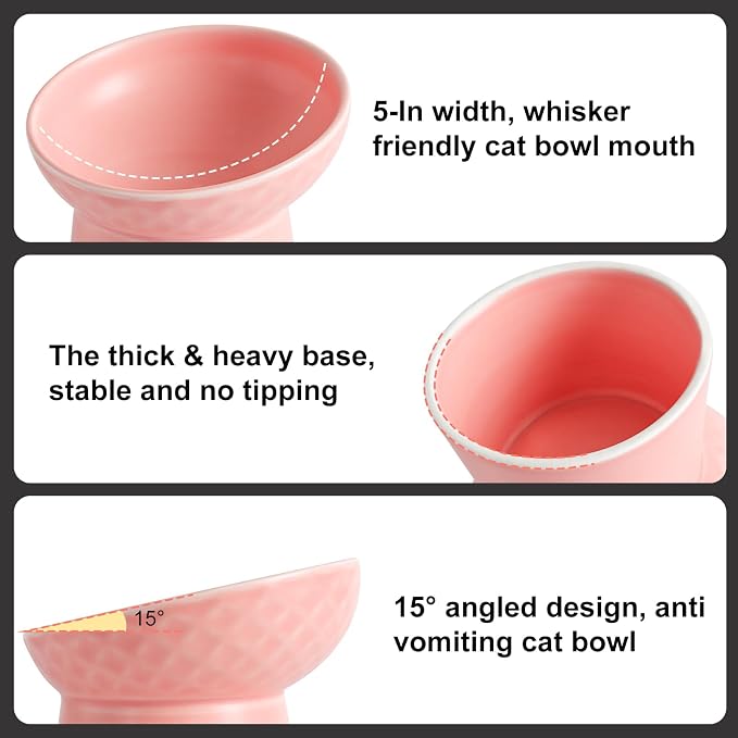 YauYik Small Raised Cat Bowls, Ceramic Tilted Elevated Food or Water Bowls, Stress Free, Backflow Prevention, Dishwasher & Microwave Safe, Lead & Cadmium Free, Pink - Image 7