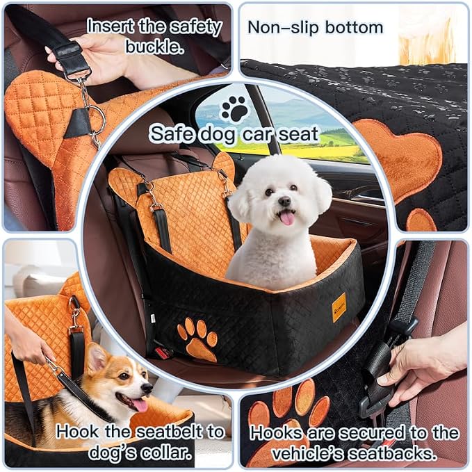 Dog Car Seats for Small/Medium Dogs up to 33lbs(Brown Black). | Car Seat for Dogs, Waterproof Washable, 2 Safety Belts, Non-Slip Base, Storage Pocket, Car Front/Rear Travel, Outdoor Dog Bed - Image 3