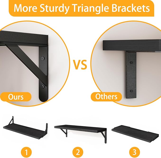 Fixwal Wall Floating Shelves for Home Decor (Black, Set of 4, 16.5 Inch) | Wood Shelves, Natural Grain, 40Lb Capacity, Sturdy Triangle Brackets, Versatile for Any Room - Image 4