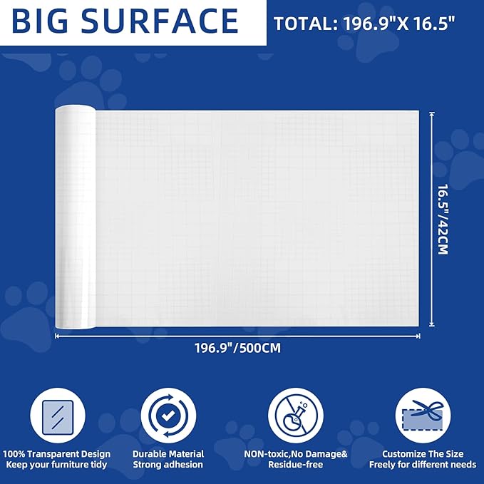 TOOSOFt Anti Cat Scratch Furniture Protector Clear Vinyl 196.9"x16.5" | Couch Protector from Cat Claws Thicken - Single Sided Sticky Flexible Dog Tape for Furniture, for Couch Corner Door Walls Bed - Image 2
