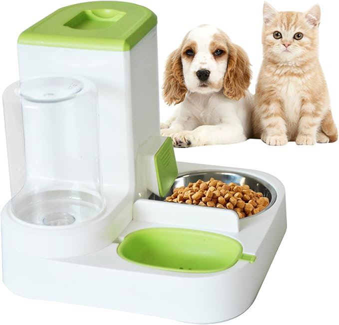 2 in 1 Automatic Cat Feeder & Water Dispenser,Gravity Pet Feeder Stainless Steel Food Water Bowl All-in-One Large Capacity Self Feeding for Cats Dogs Small Medium Pets(Green) by MUYG