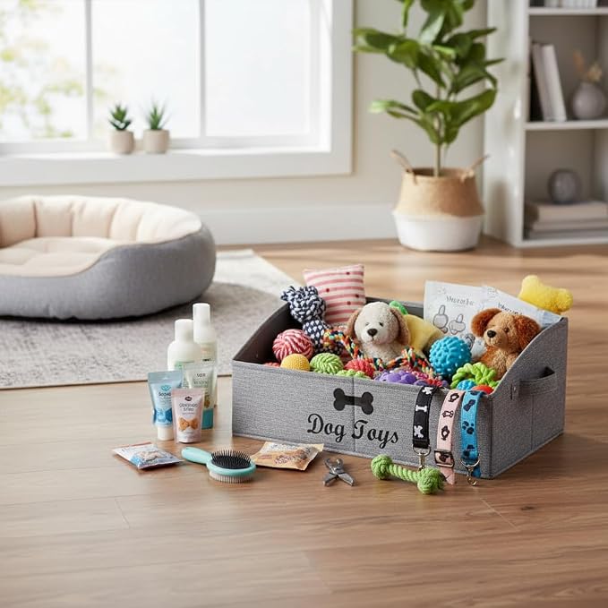 Morezi Linen-cotton blend dog toy basket and dog toy box, dog toy basket storage - Perfect for organizing pet toys, blankets, leashes, chew toys - Snow Grey - Dog - Image 6