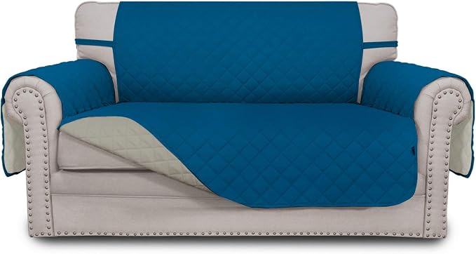 Easy-Going Reversible Couch Cover, 2 Cushion Sofa, Peacockblue/Beige | Loveseat, Slipcover For Dogs, Water Resistant Furniture Mat, Living Room, Non-Slip Sofa Cover, Pet Friendly by Easy-Going