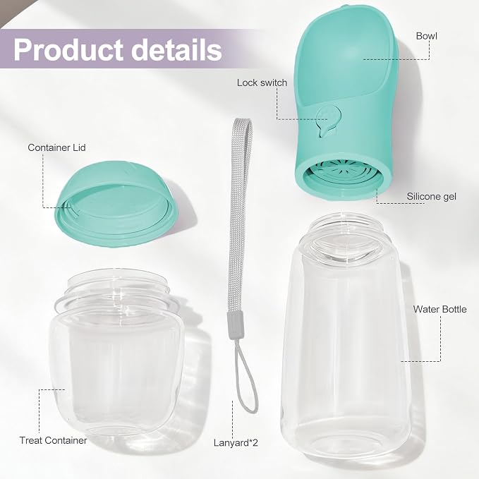 Portable Dog Water Bottle with Food Container, Drinking Bottle for Travel | 2 in 1 Dog Water Bowl, Leak Proof Pet Water Dispenser, BPA Free, Puppy Essentials, for Walking Hiking (Blue,12oz) - Image 2