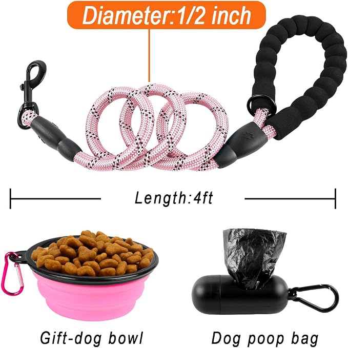 BARKBAY Dog Leashes for Large Dogs Heavy Duty Dog Leash 4/5/6 FT with Comfortable Padded Handle and Highly Reflective Threads for Medium Large Dogs Walking Training Running (4FT-1/2,Baby Pink) - Image 6