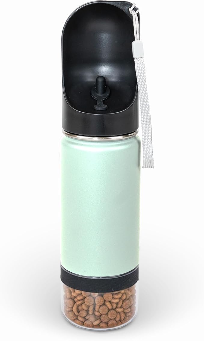 Mon Chateau 14oz Portable Dog Water Bottle with 4 oz Snack Storage, Double Walled Stainless Steel Body, Leak-Proof, Dishwasher Safe Pet Travel Bottle for Dogs, Cats & Outdoor Use, Mint Green | 4oz Snack Compartment, Double Walled Stainless Steel, Leak-... by MonChateau