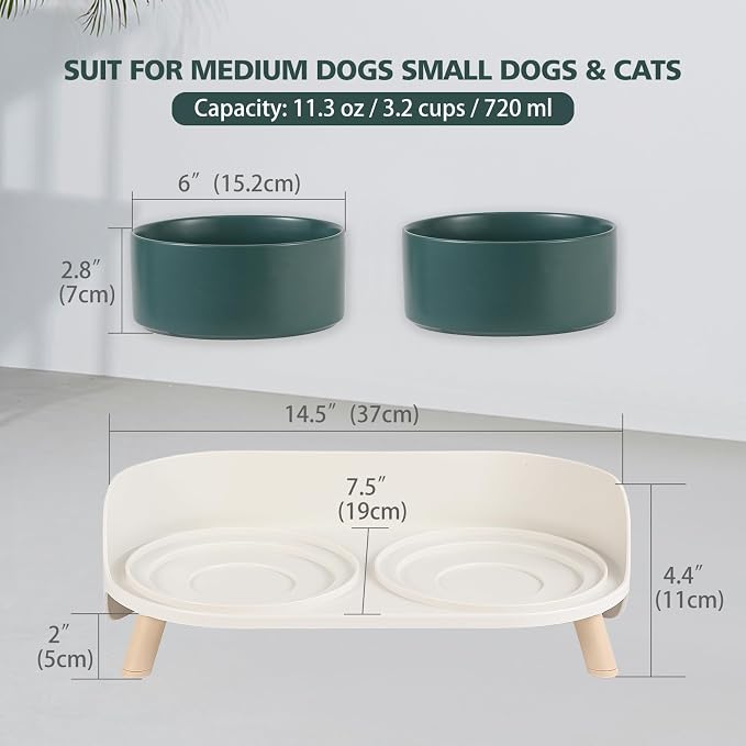 Elevated Ceramic Dog Bowl Set - Double Dog Feeding Bowls with Stand Splash Proof - Raised Dishes for Food and Water - Ideal for Small to Medium Dogs - 2 x 720 ml - 11.3 oz - Green - Image 2