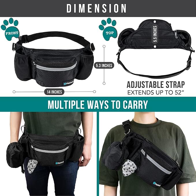 PetAmi Dog Fanny Pack, Treat Pouch for Dog Walking Training, Black | Built in Poop Bag Dispenser, Water Bottle Holder, Collapsible Bowl, Pet Treat Waist Belt for Hiking Running Kibbles - Image 5