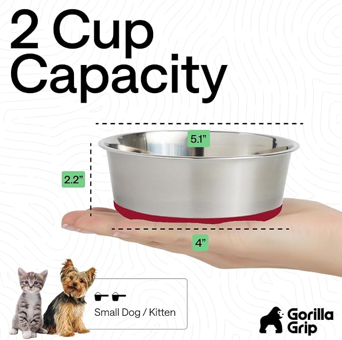 GORILLA GRIP Dog Bowls, Food Grade Stainless Steel, Set of 2, 2 Cup, Red | 304 Stainless Steel Pet Feeding Bowls Hold 16 fl oz Each, Dishwasher Safe, Rust Resistant, BPA Free Rubber Base - Image 4