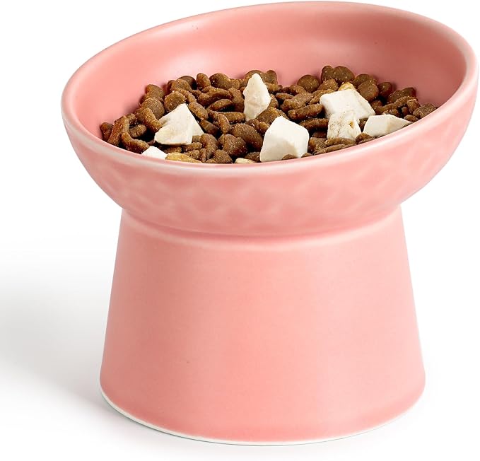 YauYik Small Raised Cat Bowls, Ceramic Tilted Elevated Food or Water Bowls, Stress Free, Backflow Prevention, Dishwasher & Microwave Safe, Lead & Cadmium Free, Pink by YAUYIK