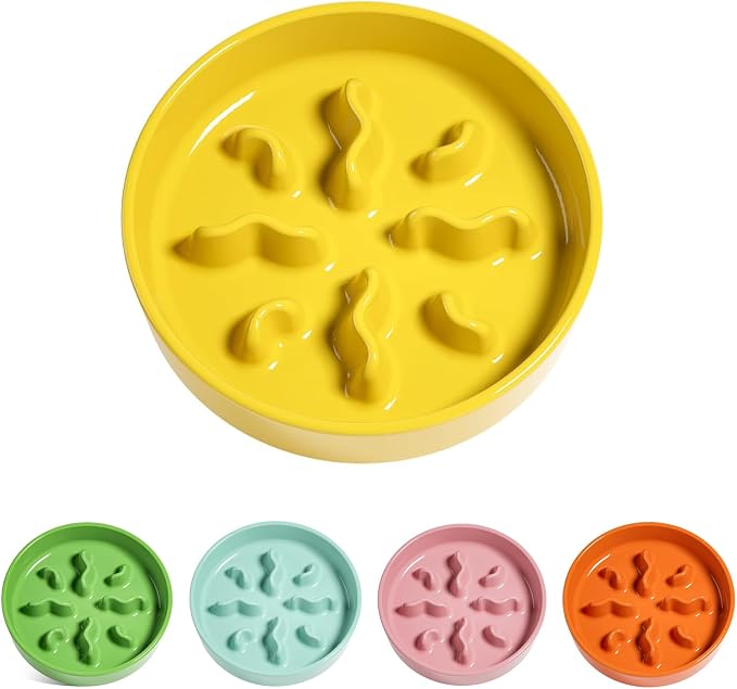 LE TAUCI PET Ceramic Slow Feeder Dog Bowls Small Breed, 0.5 Cups Dog Food Dish for Fast Eaters, Puzzle Bowl for Small Dogs and Cats, 5.5 Inch-Yellow by LETAUCIPET