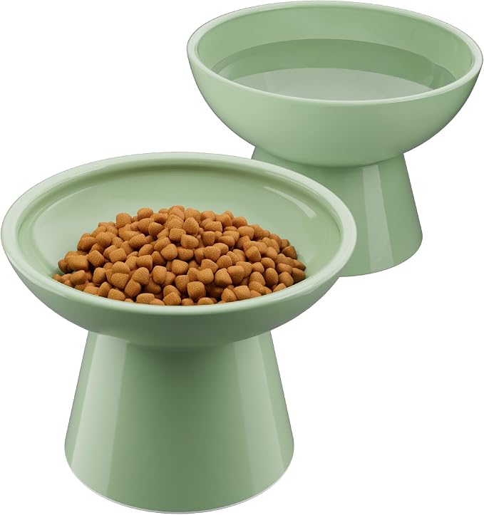 LoeJan Elevated Cat Food and Water Bowls Set, Extra Wide and Raised Ceramic Bowls, Anti-Vomit Whisker-Free Pressure Cat Feeder for Kittens to Adult Cats and Small Dogs by LoeJan