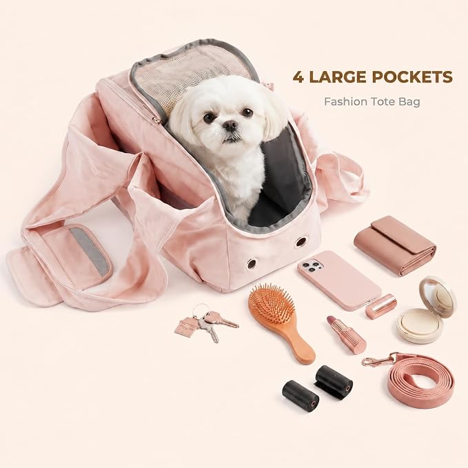 Fashion Dog Purse Carrier for Small Dogs, Soft-Sided Dog Bag Carrier with 4 Large Pockets, No Collapse, Lightweight, Smart Zipper Lock, Comfortable Puppy Cats Rabbit Carrier for Travel, Outdoor(Pink) - Image 4