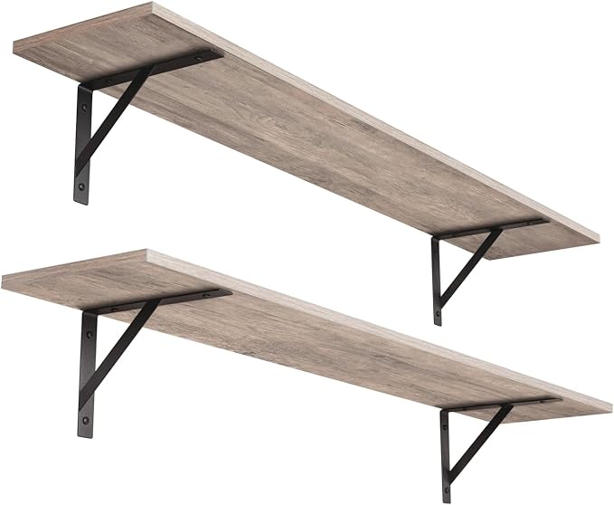 Long Wall Shelves, 39.4 Inch Wall Mounted Shelves with Brackets | Floating Book Shelf, Set of 2, Easy Assembly, Max Load 33lbs, Wood Wall Storage Ledges, Living Room/Bathroom/Bedroom, Greige by DINZILVJ
