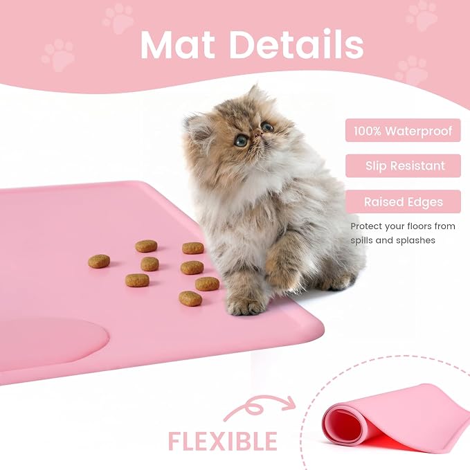 Double Elevated Dog Cat Food Water Bowls, Stainless Steel Cat Food Water Bowl with No-Spill Mat, Raised Tilted Dishes for Indoor Kitten, Puppies, Small or Medium Size Dogs Cats, Pink - Image 8