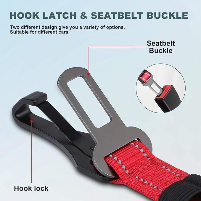 IOKHEIRA Dog Seat Belt 3-in-1 Car Harness for Pets Adjustable Safety Seatbelt Nylon Reflective Bungee Fabric Dog Car Harness with Clip Hook Latch & Buckle, Swivel Zinc Alloy Carabiner Red - Image 2