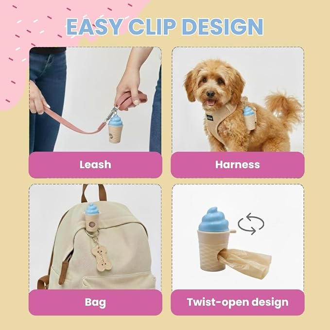 Ice Cream Dog Bag Dispenser | One Clip Doggie Poop Bag Holder | Bags Waste Container for Leash for Small Medium Large All Size Dogs | Cute and Fun Design | 15 Bags Included | Blue Color - Image 5