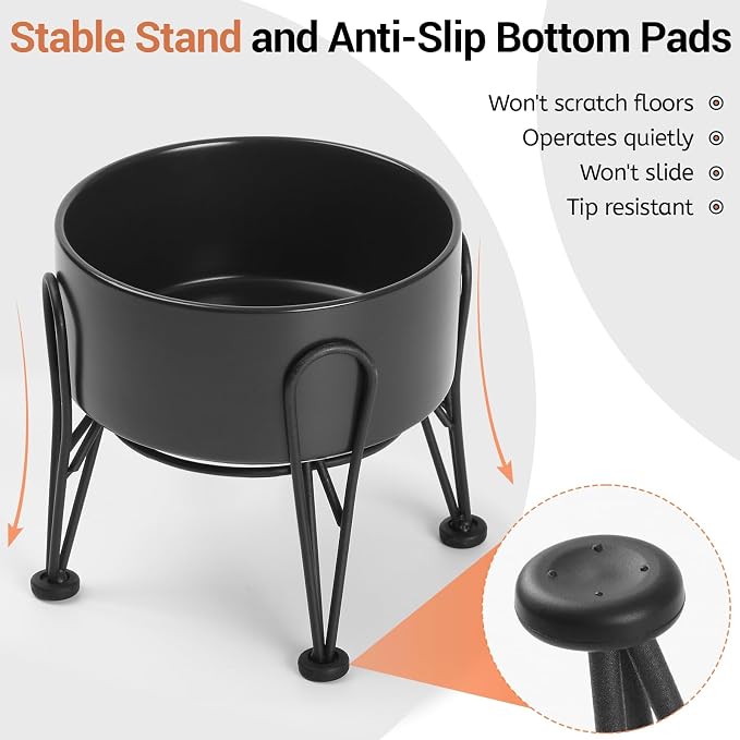 Elevated Dog Bowls, Ceramic Raised Dog Bowl Set with Anti-Slip and Non-Tip Metal Stand, 2 Pack Pet Food and Water Feeding Bowls for Small and Medium Dogs (Black,3.6 Cups) - Image 4