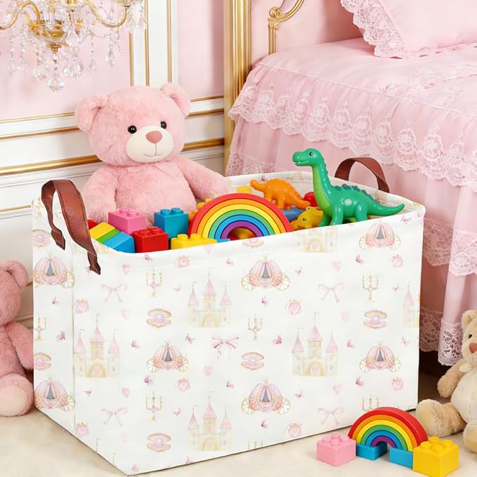 Rectangular Pink girl princess basket,Pink Baskets,Collapsible waterproof storage basket,Books Box,Girl room Decor,Gift Baskets(Pink Princess) - Image 5