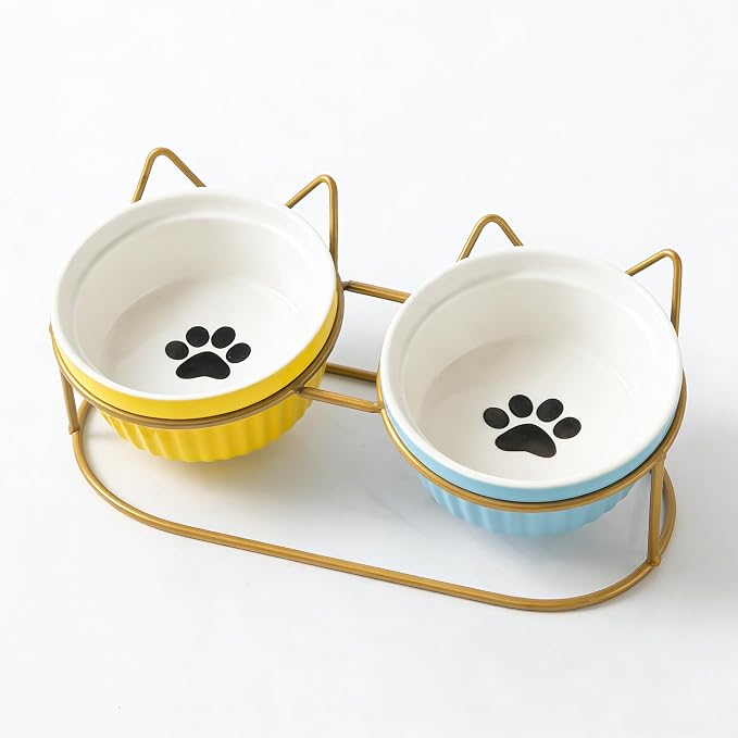 Ceramic Raised Tilted Cat Food Bowls Set - 15° Elevated Cat Food and Water Bowls for Indoor Cats/Kittens, Anti-Vomiting Pet Feeding Bowls (Non-Slip, BPA-Free) by Unknown