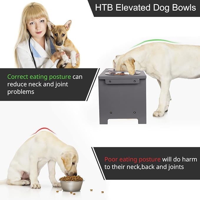 HTB Elevated Dog Bowl Stand with 2 Stainless Steel Bowls-10 H Large Grey | Raised Dog Bowl Stand, 10"tall, 48 Oz Bowls, for Large Sized Dogs, Pet-safe, Solid Bamboo - Image 6