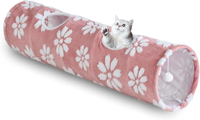 Straight Cat Tunnel for Indoor Cats 47"x12", Pink Flower | Cute Cat Toys, Collapsible Tunnel Tube with Hanging Balls for Puppy Kitten Rabbit by Yaning