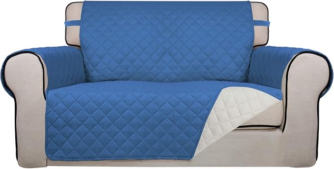 PureFit Reversible Quilted Sofa Cover, Water Resistant Medium Slipcover Furniture Protector, Washable Couch Cover with Non Slip Foam and Elastic Straps for Kids, Dogs, Pets (Loveseat, Blue/Ivory) | Blue/Ivory, Water Resistant Couch Protector, Washable ... by PureFit