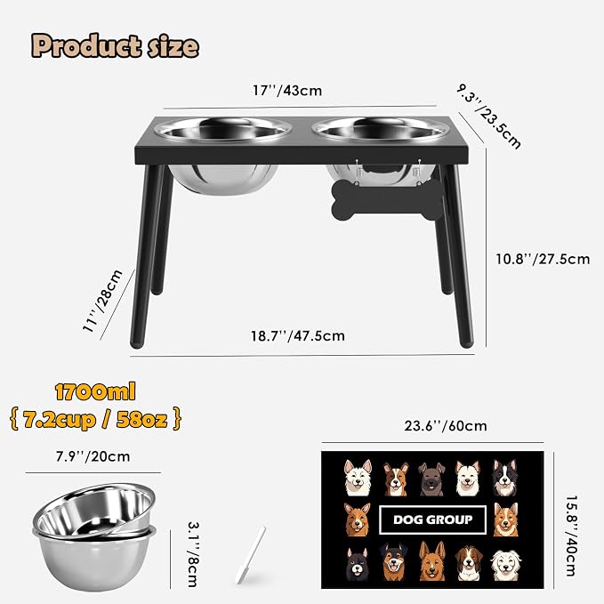ADENGL Metal Raised Dog Bowl Stand for Large and Medium Dogs, Elevated Dog Bowls with Sprill Proof Mat ＆ Slow Feeder, Pet Food Bowls 10" Tall Dogs Feeder (58OZ-Stainless Steel Pet Bowl, Mat-16x24in) - Image 5