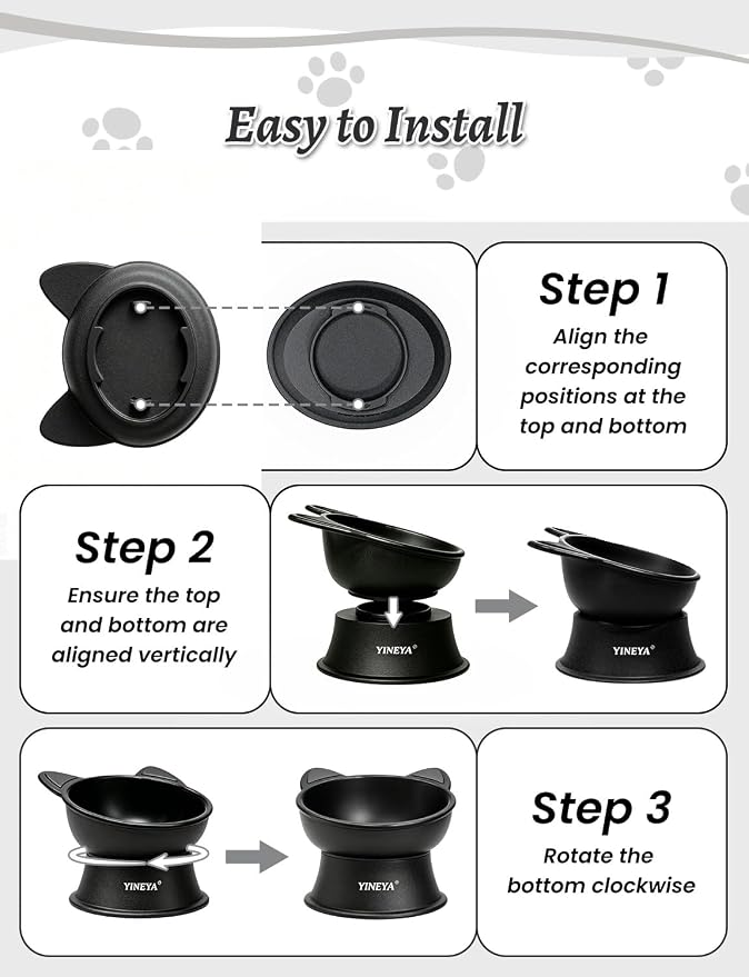 YINEYA Elevated Cat Bowls 2 Pcs, Cat Food Bowl to Protect Neck & Anti-Vomit, Whisker-Friendly Raised Food and Water Bowls Set for Indoor Cats/Small Dogs, Cute Pet Feeding Bowl 6 OZ Each, Black&White - Image 6