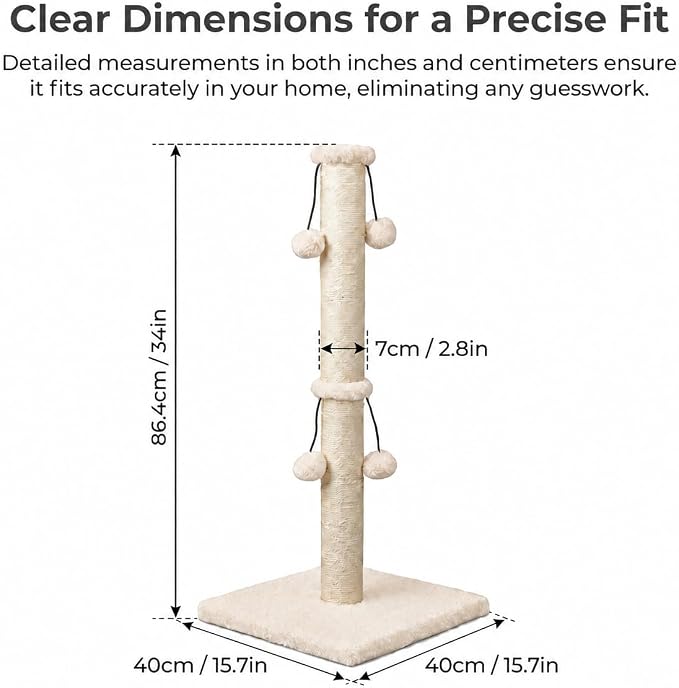 Dimaka 34'' Cat Scratching Post, Cat Scratching Post, Cat Scratcher for Large Cats with Teasing Toy Ball, Natural Sisal White and Grey (Beige) - Image 2